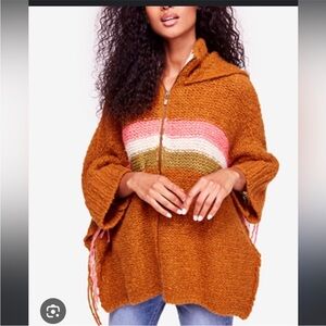 Free People Sunrise Hooded Fringe Knit Oversized Sweater